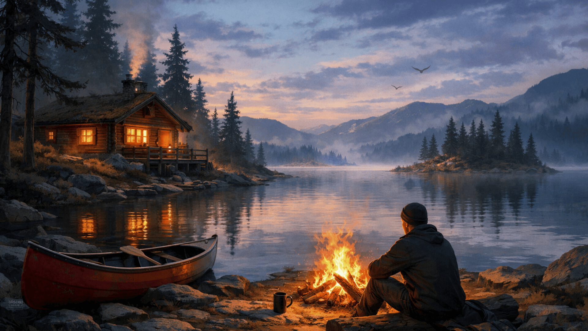 Evening at the lake — a fire, a cabin, a canoe, and silence